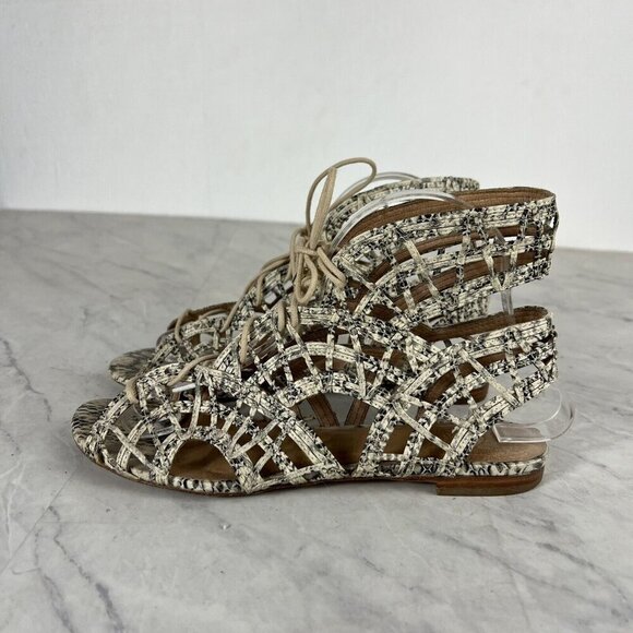 Joie Renee Sandals 8 Womens Leather Caged Animal Print Lace Up Flat Open Toe 38 - Picture 3 of 9